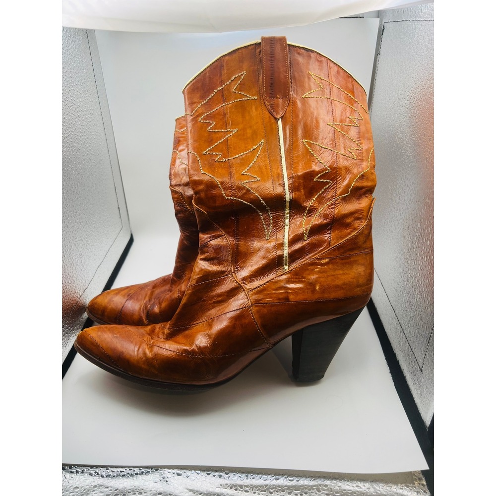 Sacha London Vintage Cognac Leather Western Cowboy Boots Made in Spain Heel 3.5" - Picture 2 of 10